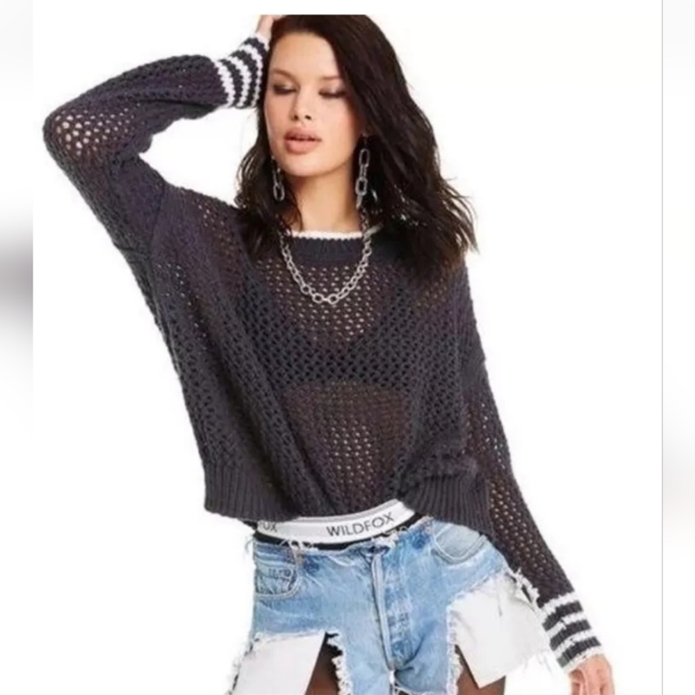 Wildfox Mika Open Mesh Crochet Stitch Pullover Scoop Neck 100% Cotton Size S